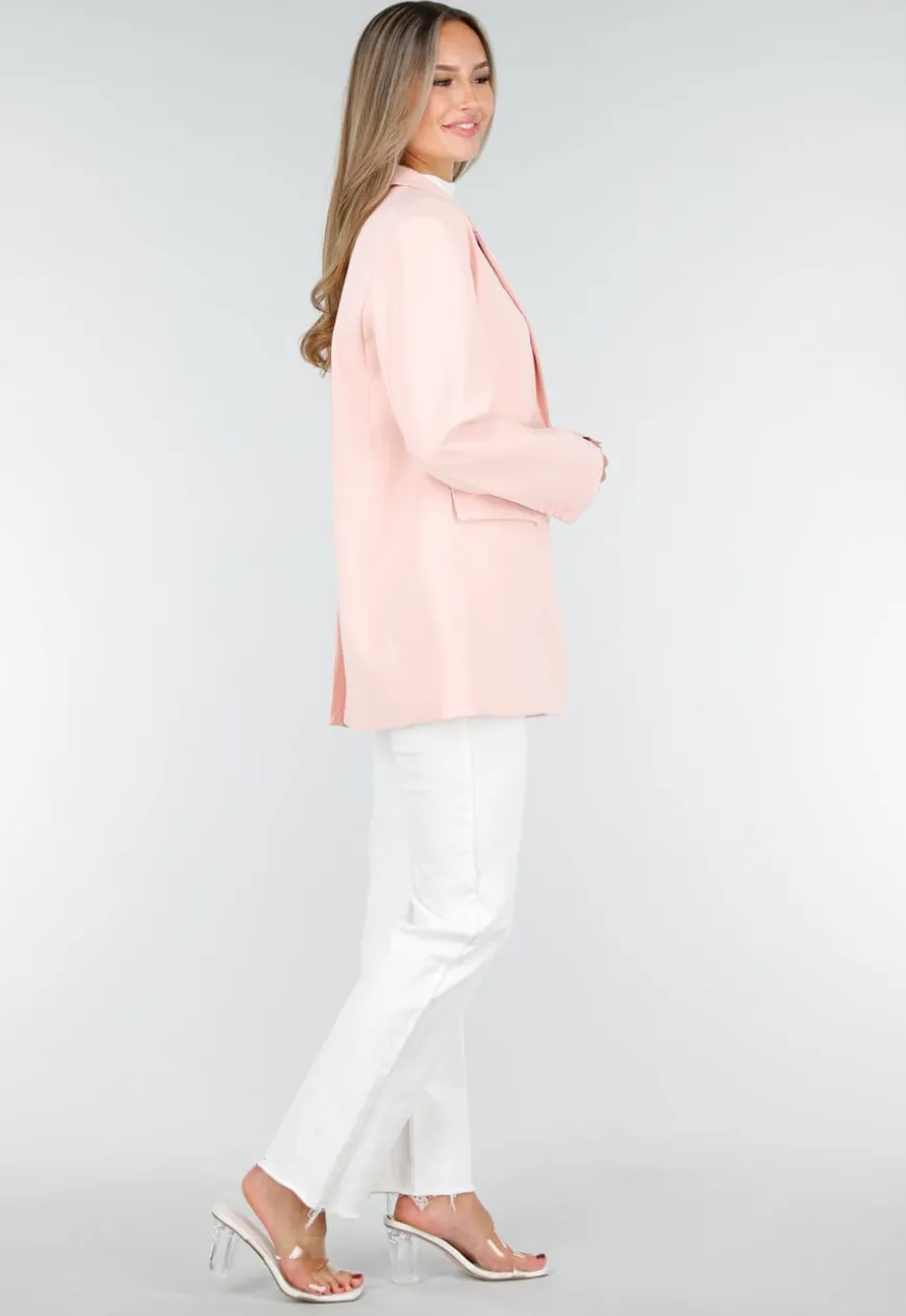 Lichtroze Oversized Blazer met Knoopsluiting en Reverskraag