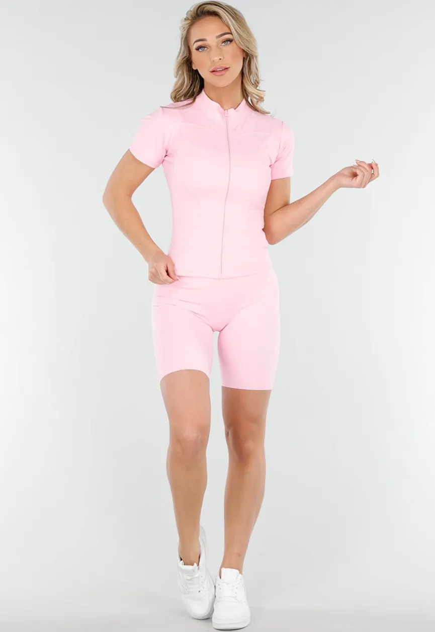 Lichtroze Sportset met Korte Mouwen Jasje en Shaping Short met Hoge Tailleband