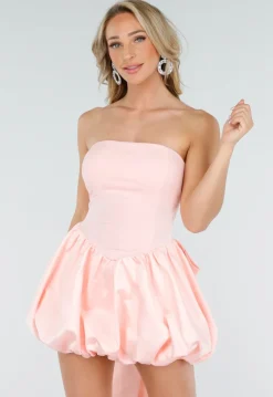 Lichtroze Strapless Jurk met Ballonrok en Afneembare Strik