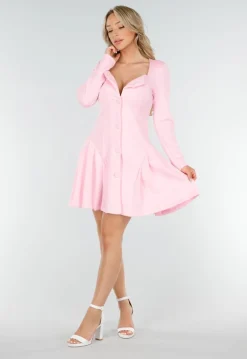 Lichtroze Stretch Jurk met Knopen, Vierkante Hals en Plooien