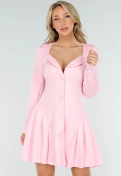 Lichtroze Stretch Jurk met Knopen, Vierkante Hals en Plooien
