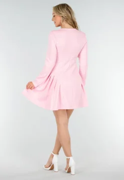 Lichtroze Stretch Jurk met Knopen, Vierkante Hals en Plooien