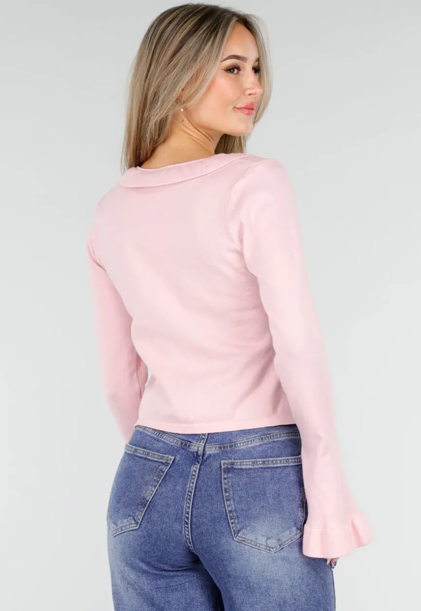 Lichtroze Stretch Top met Ruches en Striksluiting aan de Voorzijde