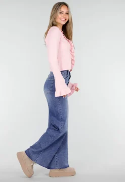 Lichtroze Stretch Top met Ruches en Striksluiting aan de Voorzijde