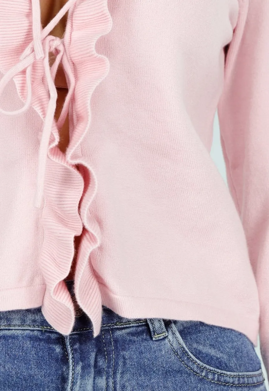 Lichtroze Stretch Top met Ruches en Striksluiting aan de Voorzijde