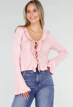 Lichtroze Stretch Top met Ruches en Striksluiting aan de Voorzijde