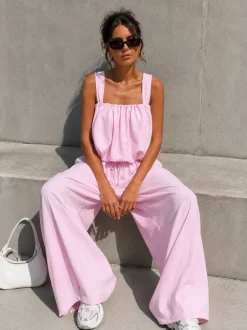 Lichtroze Stretch Two Piece Set met Mouwloze Top en Wide Leg Broek