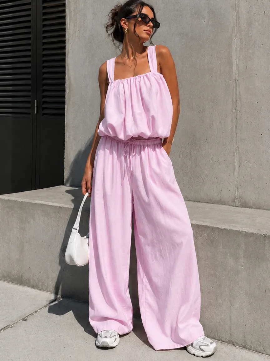 Lichtroze Stretch Two Piece Set met Mouwloze Top en Wide Leg Broek
