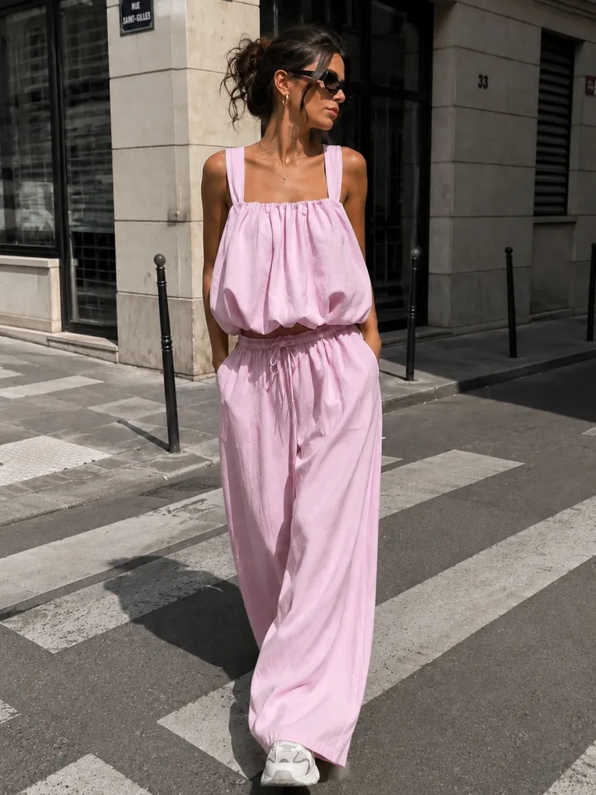 Lichtroze Stretch Two Piece Set met Mouwloze Top en Wide Leg Broek