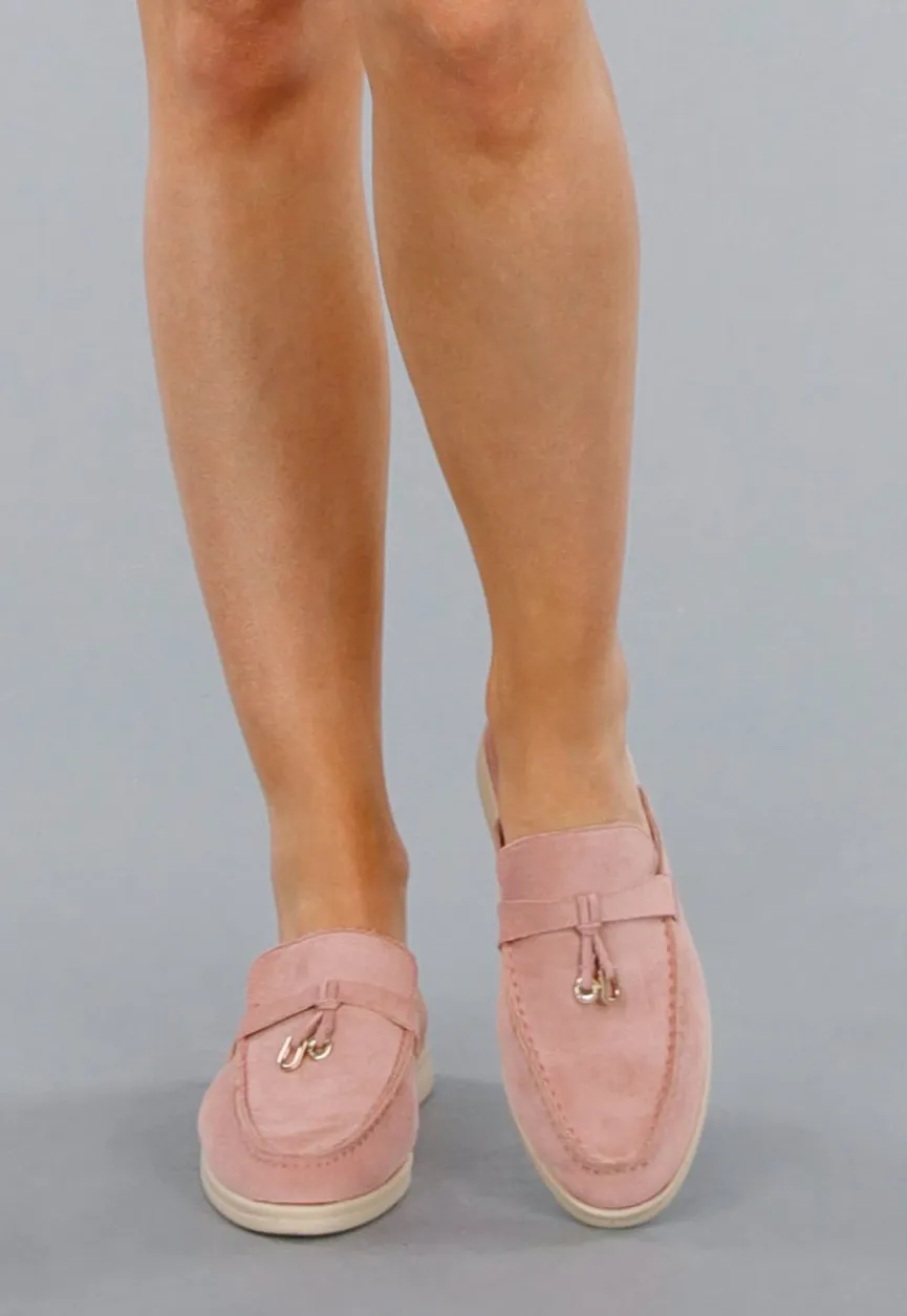 Licht Roze Suède Instappers met Flexibele Zool en Gouden Detail