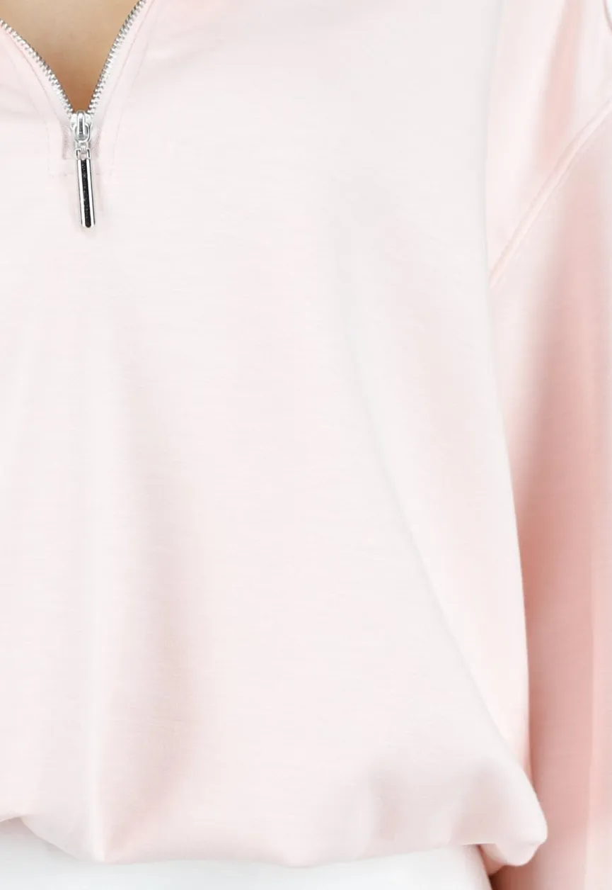 Lichtroze Sweater met Halve Rits en Elastische Boorden