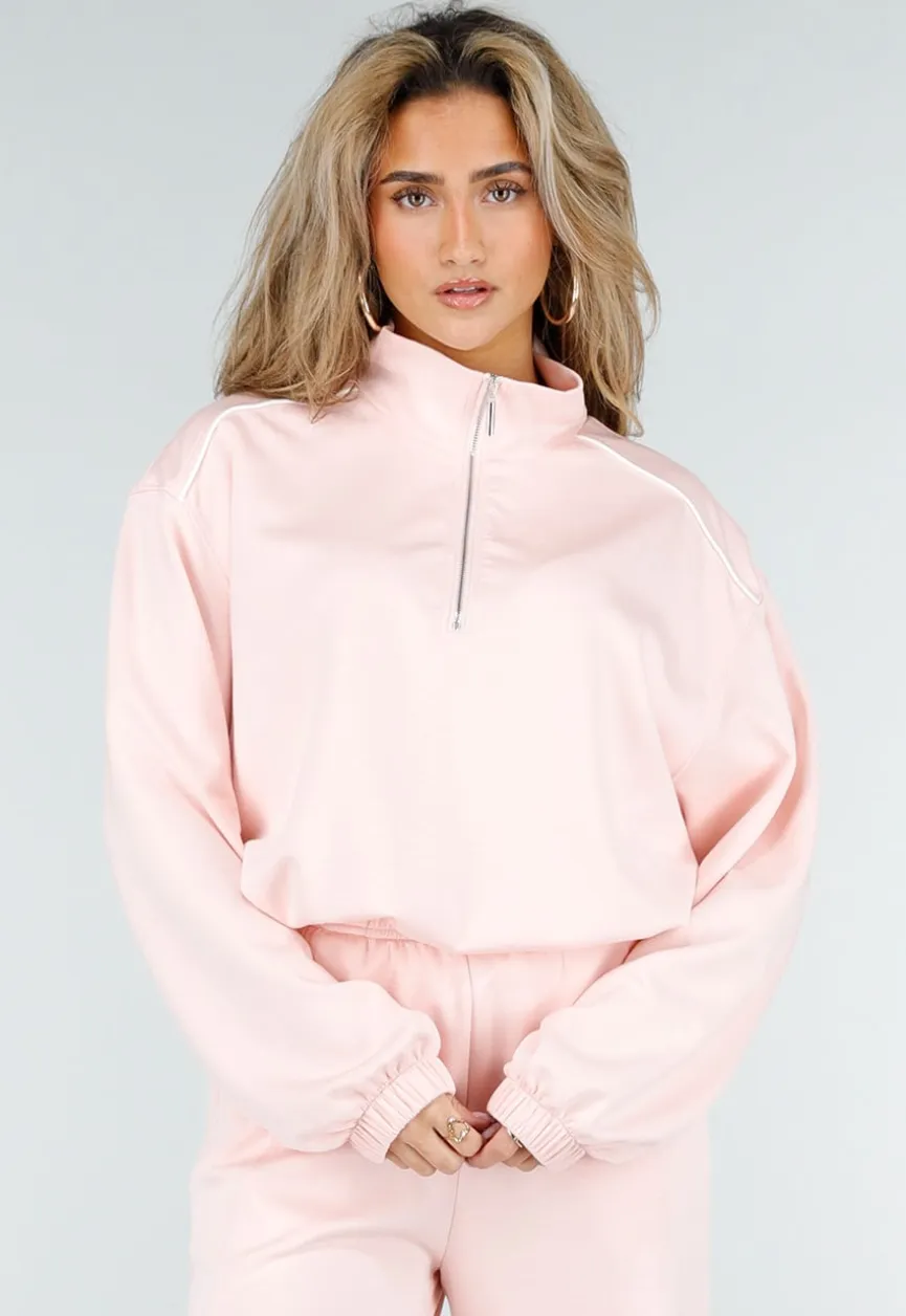 Lichtroze Sweater met Halve Rits en Elastische Boorden