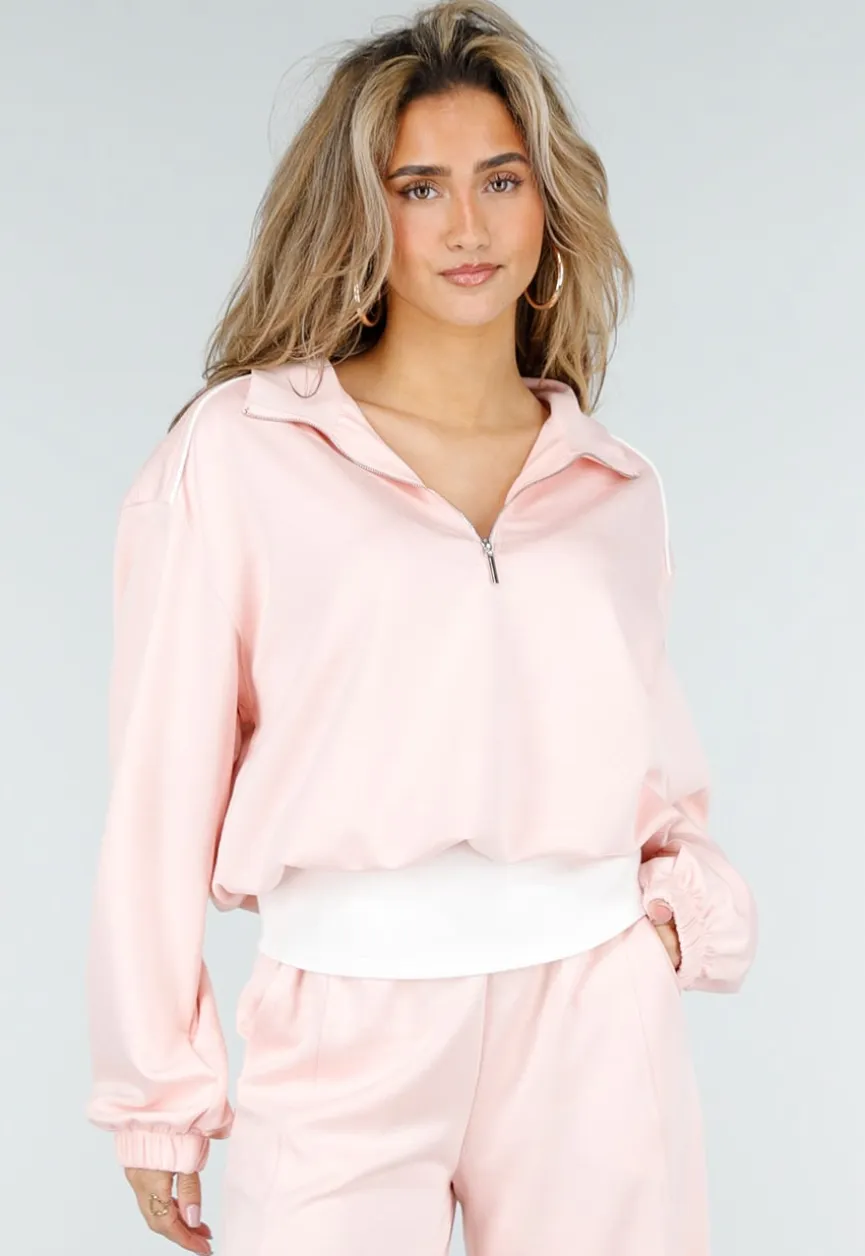 Lichtroze Sweater met Halve Rits en Elastische Boorden