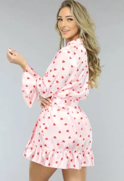 Lichtroze Valentine Satin Pyjama Set met Hartjes Kimono