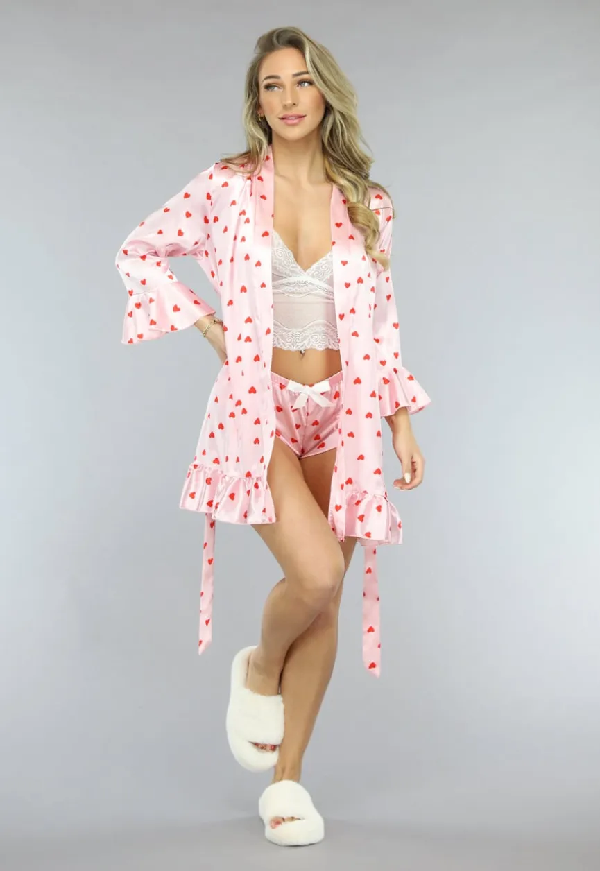 Lichtroze Valentine Satin Pyjama Set met Hartjes Kimono