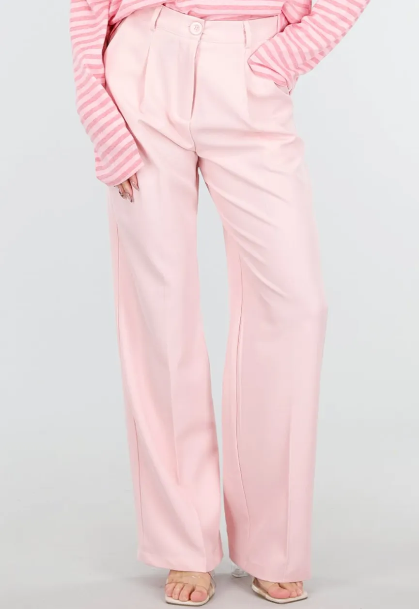 Lichtroze Wide Leg Pantalon met Plooien