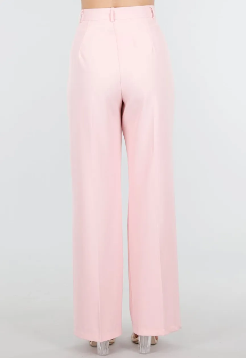 Lichtroze Wide Leg Pantalon met Plooien