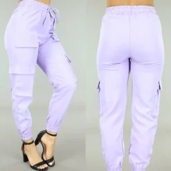 Lila Elastische Broek met Cargo Zakken