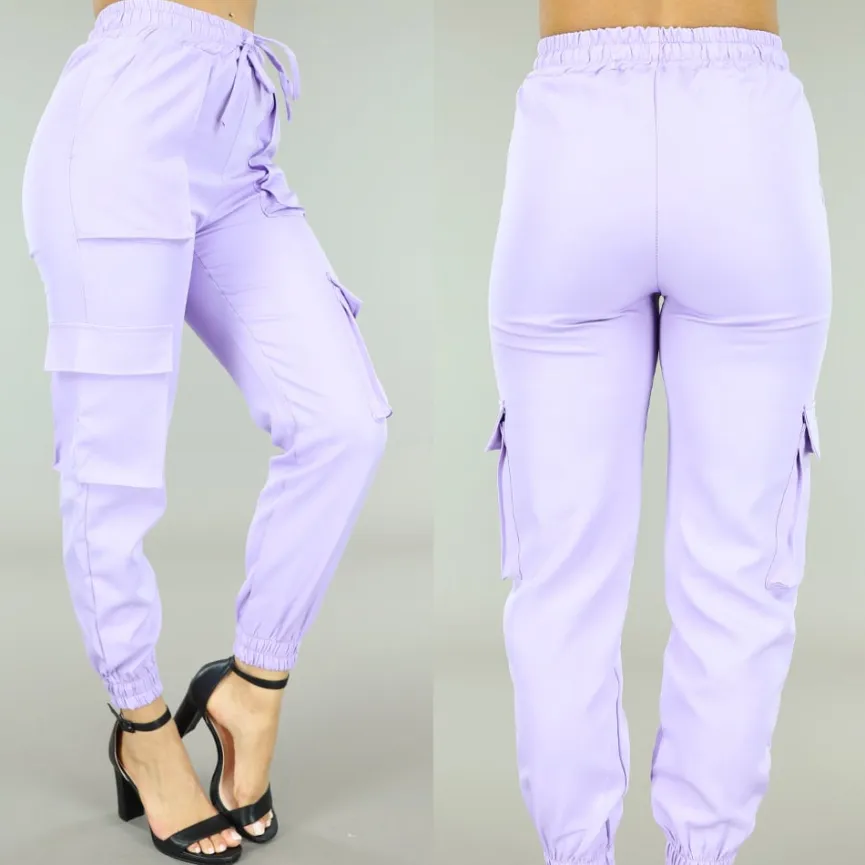 Lila Elastische Broek met Cargo Zakken