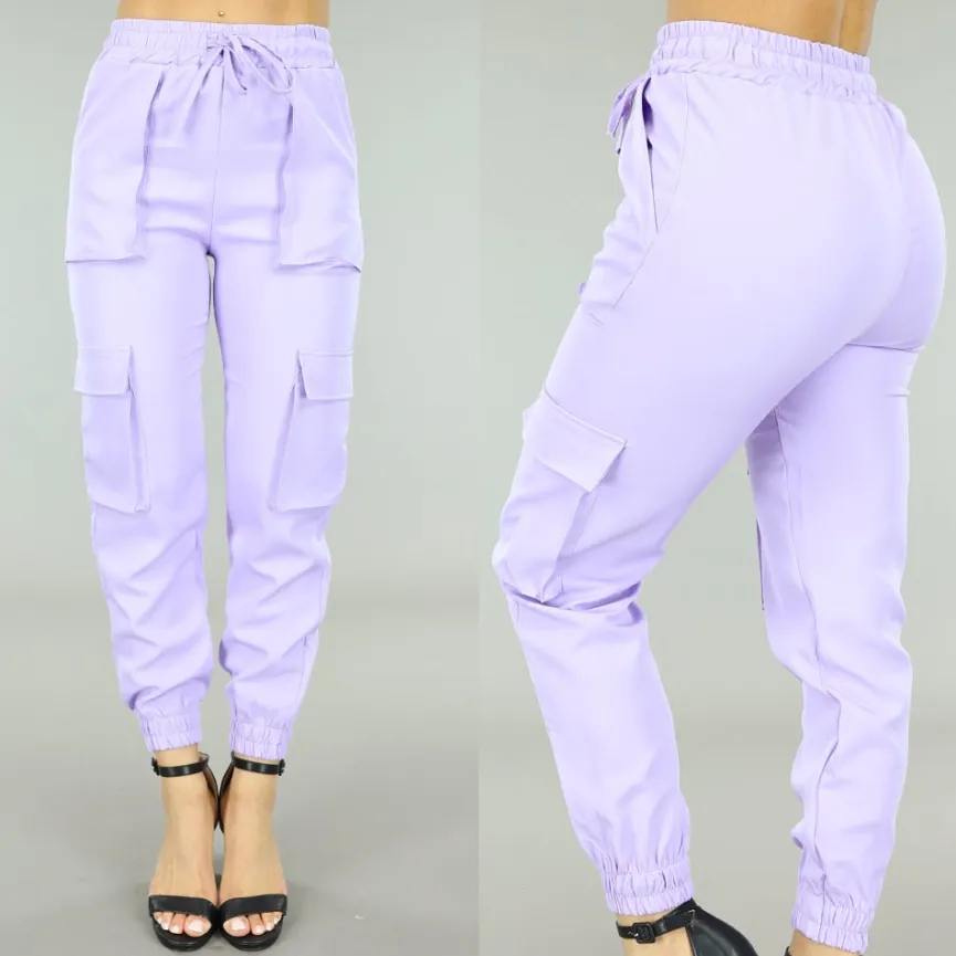 Lila Elastische Broek met Cargo Zakken