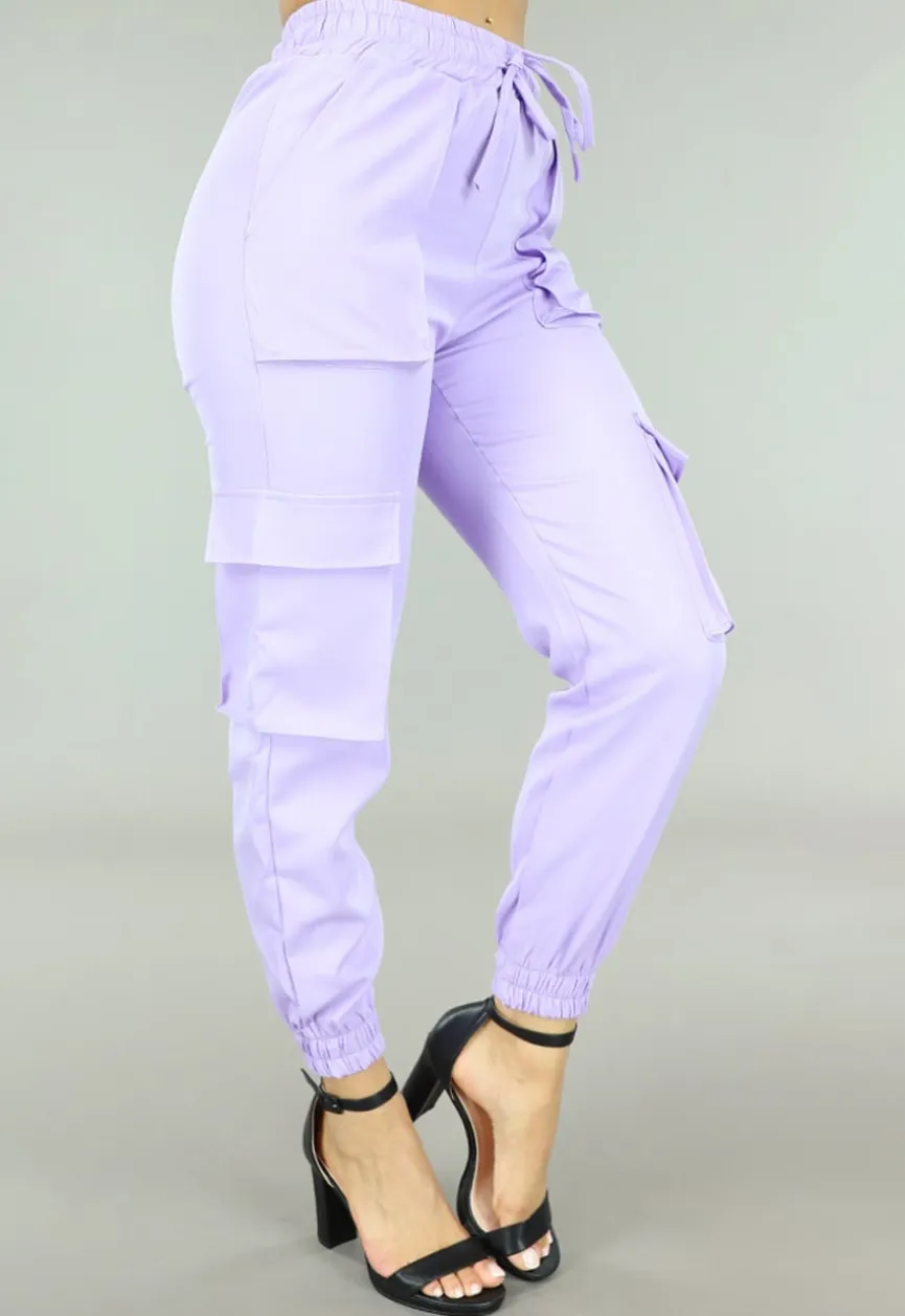 Lila Elastische Broek met Cargo Zakken