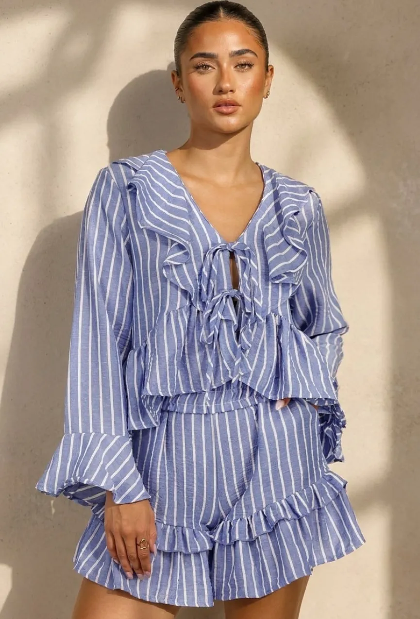 Lila Gestreepte Two Piece Set met Blouse en Rucheshort