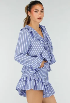 Lila Gestreepte Two Piece Set met Blouse en Rucheshort