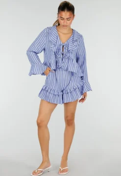 Lila Gestreepte Two Piece Set met Blouse en Rucheshort
