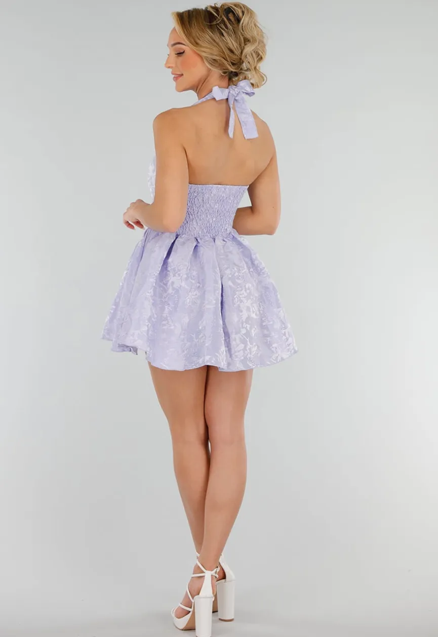 Lila Halter Mini Jurk met Jacquardstructuur en Open Rug