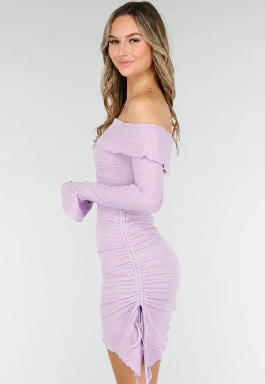 Lila Korte Off Shoulder Bodycon Jurk met Stretch