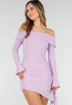 Lila Korte Off Shoulder Bodycon Jurk met Stretch