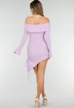 Lila Korte Off Shoulder Bodycon Jurk met Stretch