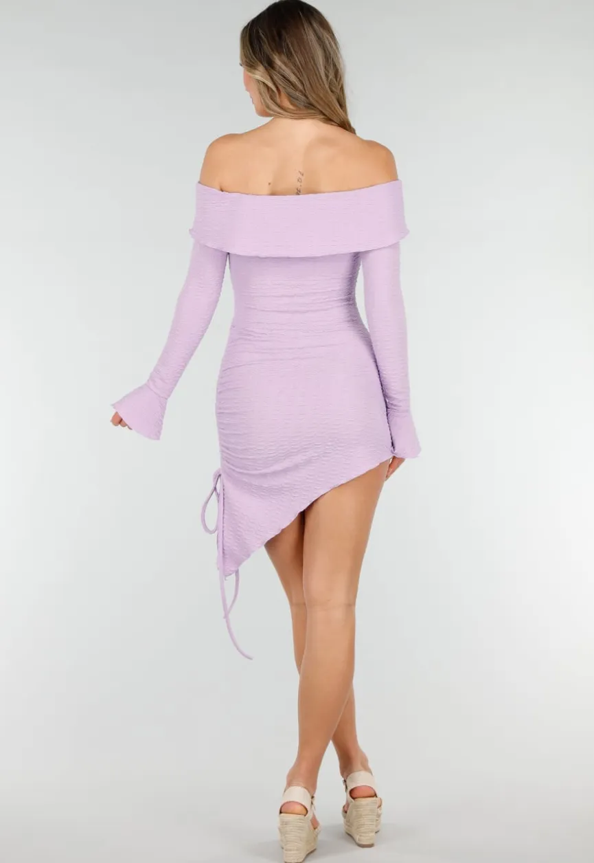 Lila Korte Off Shoulder Bodycon Jurk met Stretch