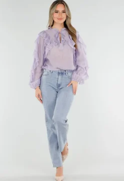 Lila Ruffle Blouse met Strikdetail en Lange Mouwen