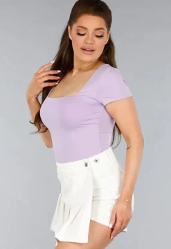 Lila Stretch Shirt met Vierkante Hals en Korte Mouwen
