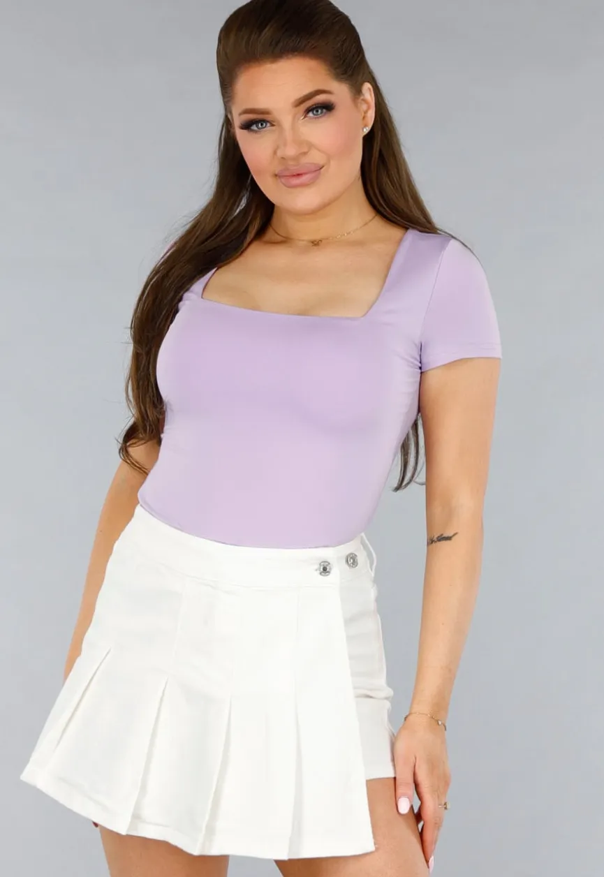 Lila Stretch Shirt met Vierkante Hals en Korte Mouwen