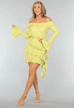 Limoen Groene Off Shoulder Ruffle Jurk