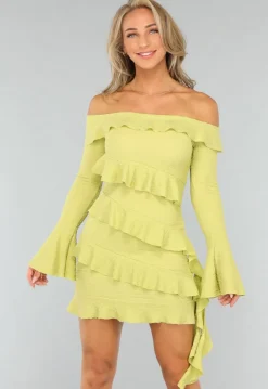 Limoen Groene Off Shoulder Ruffle Jurk
