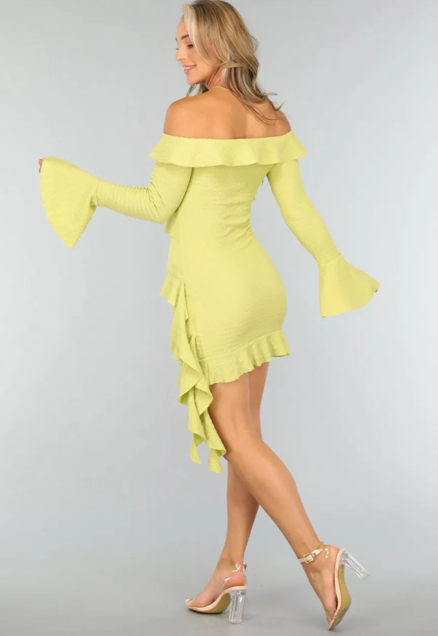 Limoen Groene Off Shoulder Ruffle Jurk