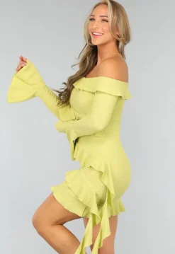 Limoen Groene Off Shoulder Ruffle Jurk