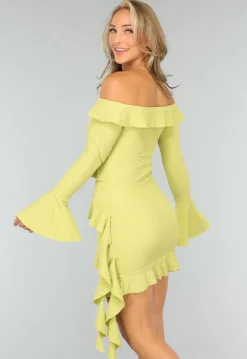 Limoen Groene Off Shoulder Ruffle Jurk