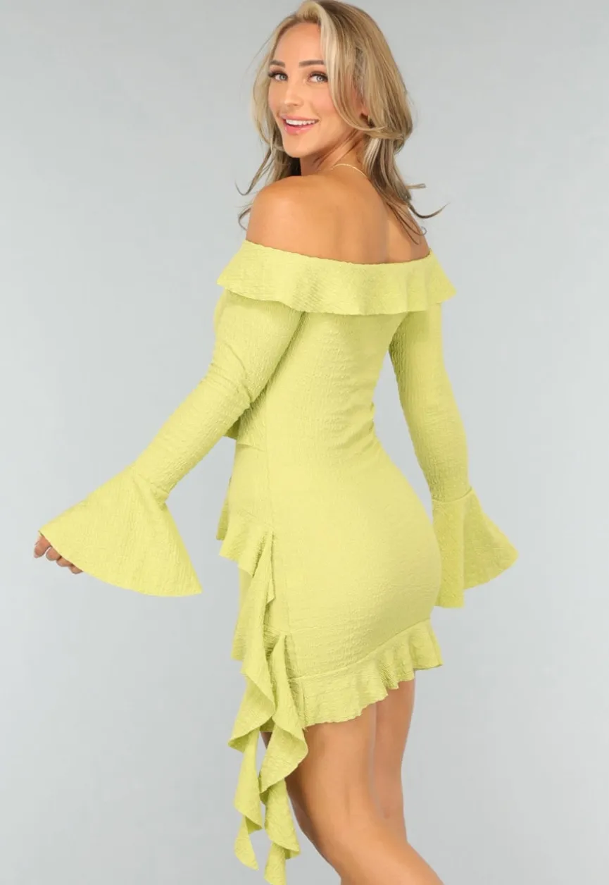 Limoen Groene Off Shoulder Ruffle Jurk