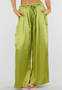 Limoengroene Satijnen Wide Leg Broek met Elastische Taille