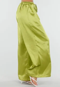 Limoengroene Satijnen Wide Leg Broek met Elastische Taille