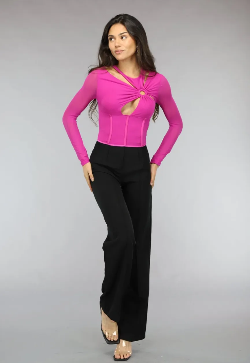 Longsleeve Fuchsia Mesh Korset Top met Cutouts