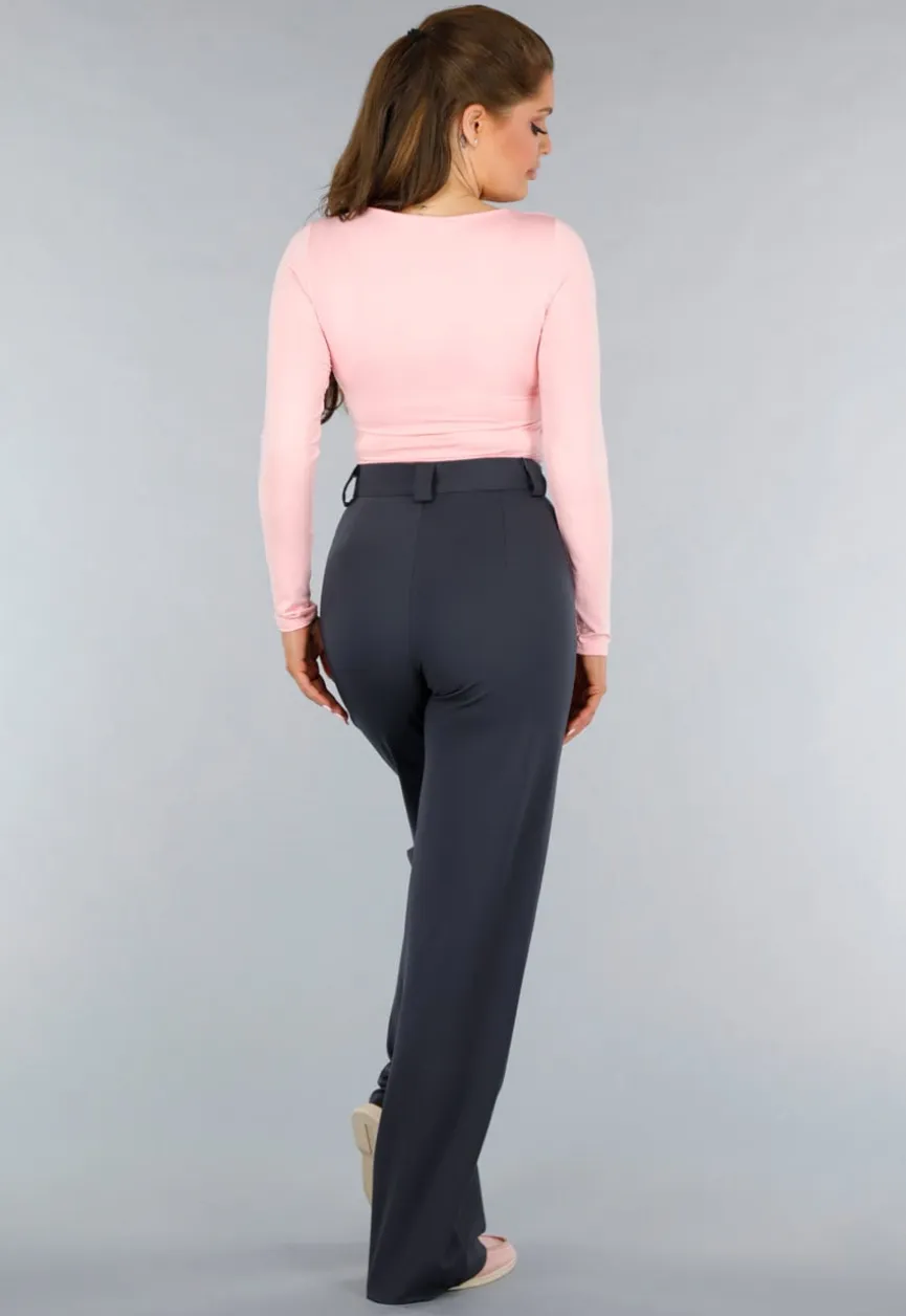 Longsleeve Lichtroze Stretchstof Shirt met Vierkante Hals