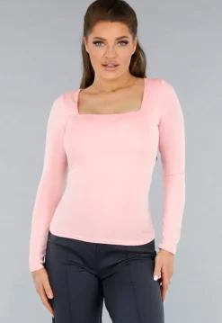 Longsleeve Lichtroze Stretchstof Shirt met Vierkante Hals