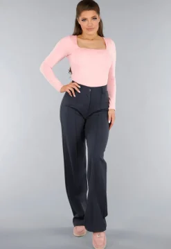 Longsleeve Lichtroze Stretchstof Shirt met Vierkante Hals