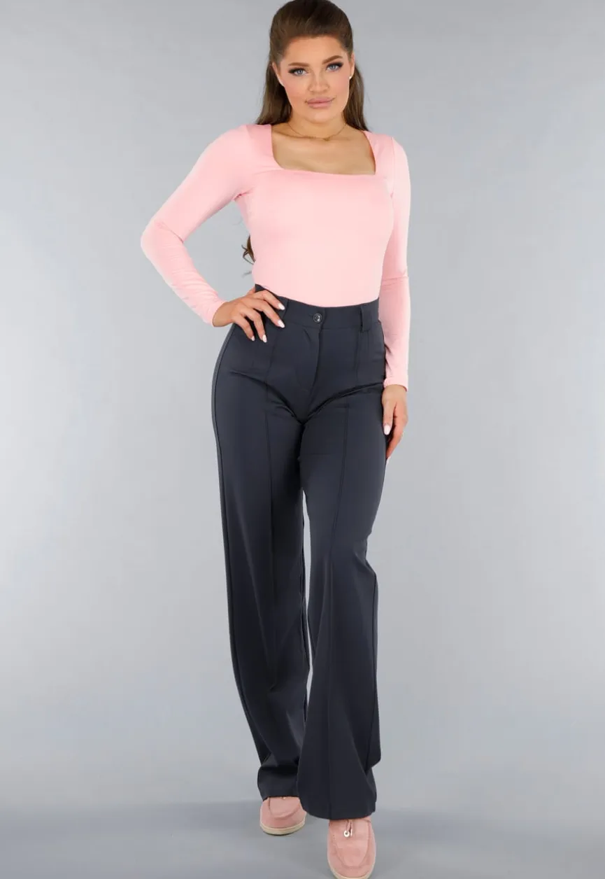 Longsleeve Lichtroze Stretchstof Shirt met Vierkante Hals