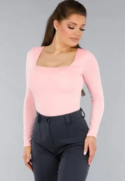 Longsleeve Lichtroze Stretchstof Shirt met Vierkante Hals